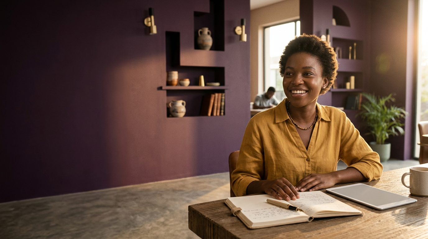 African learner working in a contemporary learning studio